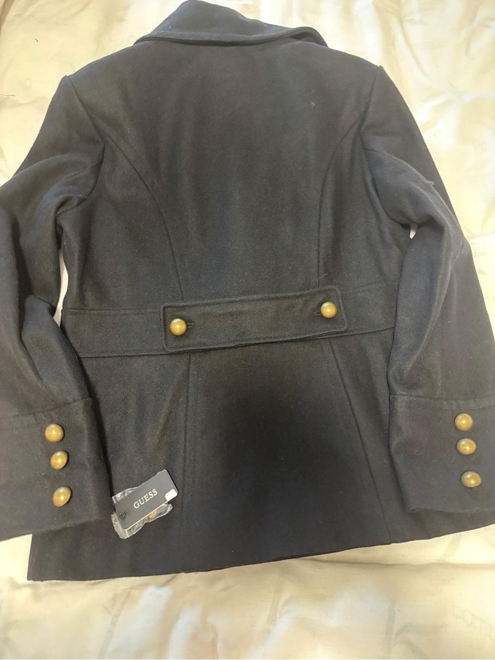 GUESS Black Military-Style Pea Coat with Brass Buttons